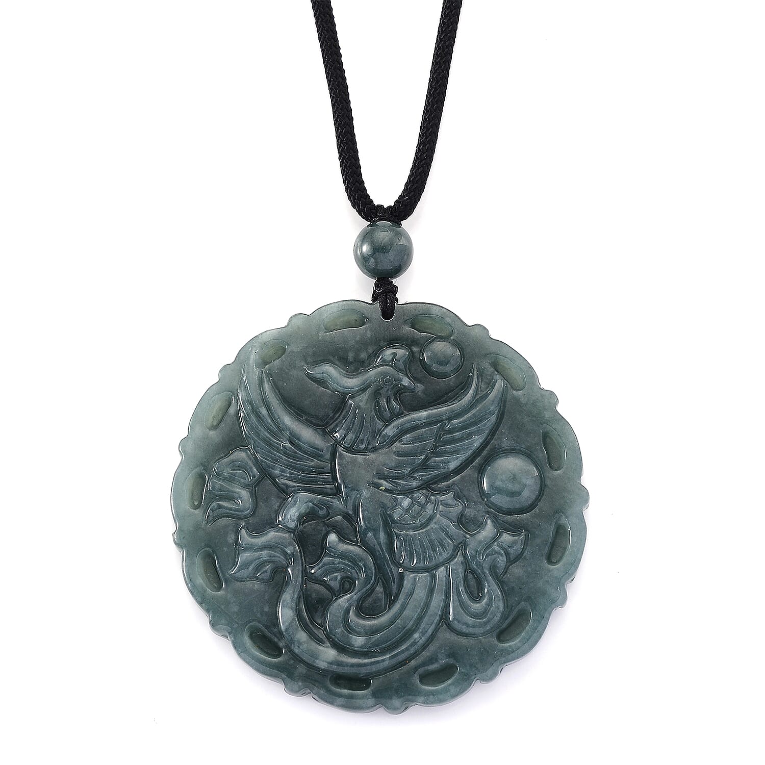 Natural Type A Jadeite Stone Phoenix Necklace with Black Cord (Size 28) 150.00 Ct.