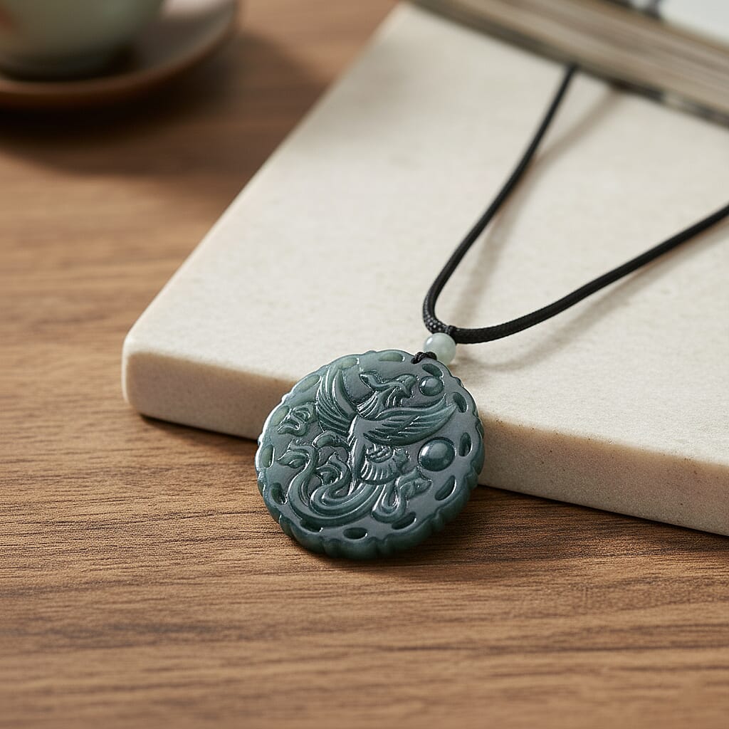 Natural Type A Jadeite Stone Phoenix Necklace with Black Cord (Size 28) 150.00 Ct.