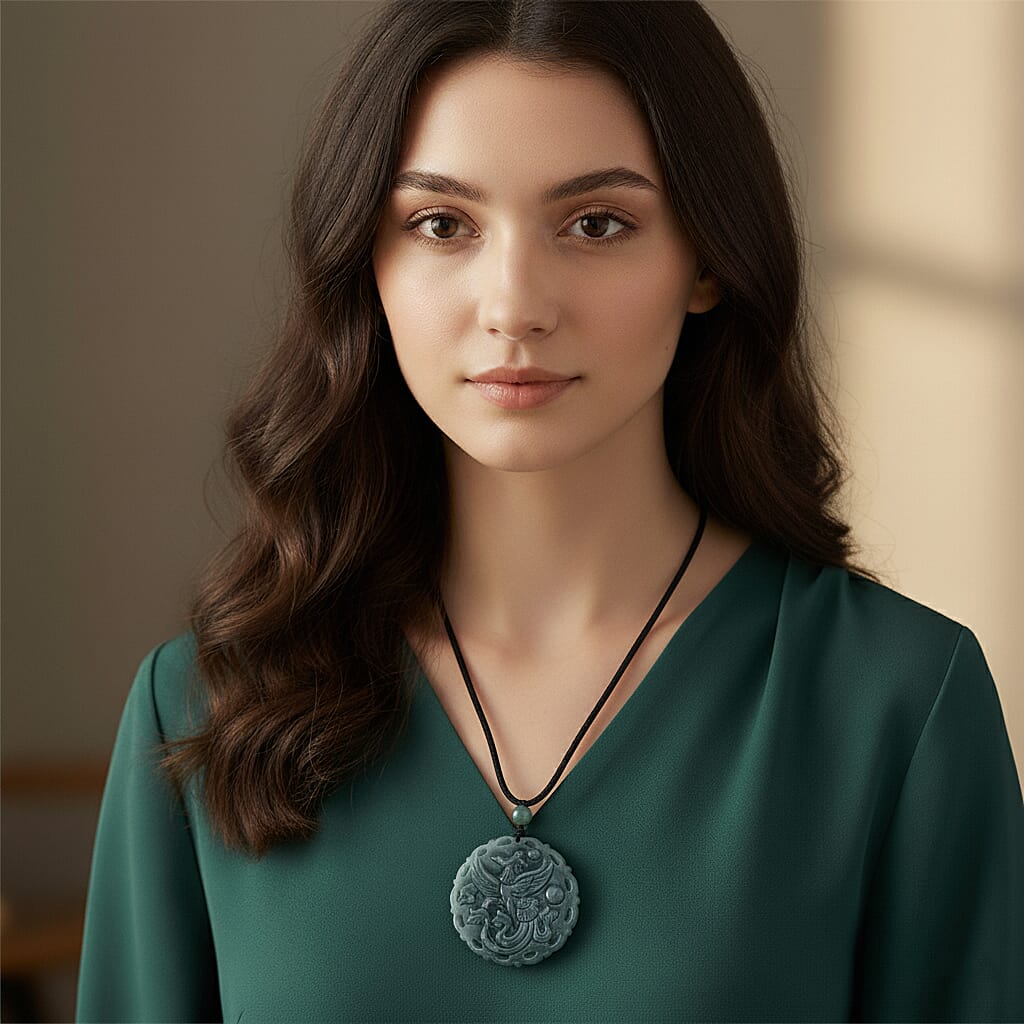 Natural Type A Jadeite Stone Phoenix Necklace with Black Cord (Size 28) 150.00 Ct.