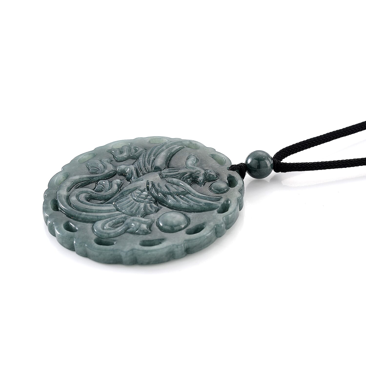 Natural Type A Jadeite Stone Phoenix Necklace with Black Cord (Size 28) 150.00 Ct.