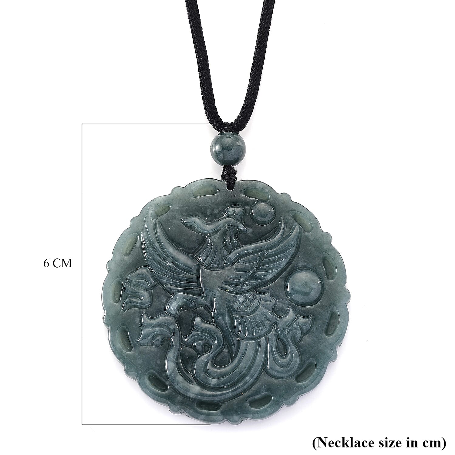 Natural Type A Jadeite Stone Phoenix Necklace with Black Cord (Size 28) 150.00 Ct.