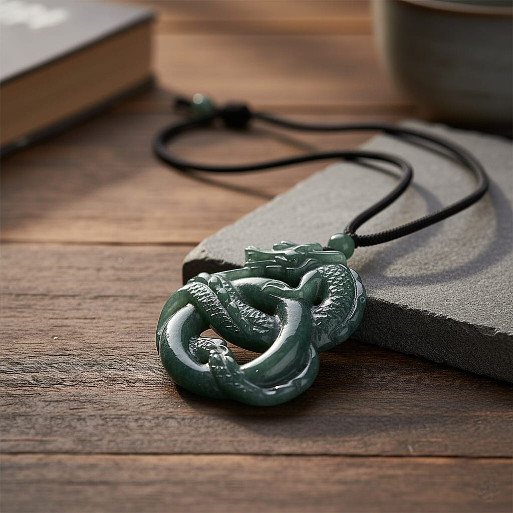 Natural Type A Jadeite Dragon Necklace with Black Cord (Size 28) 175.00 Ct.