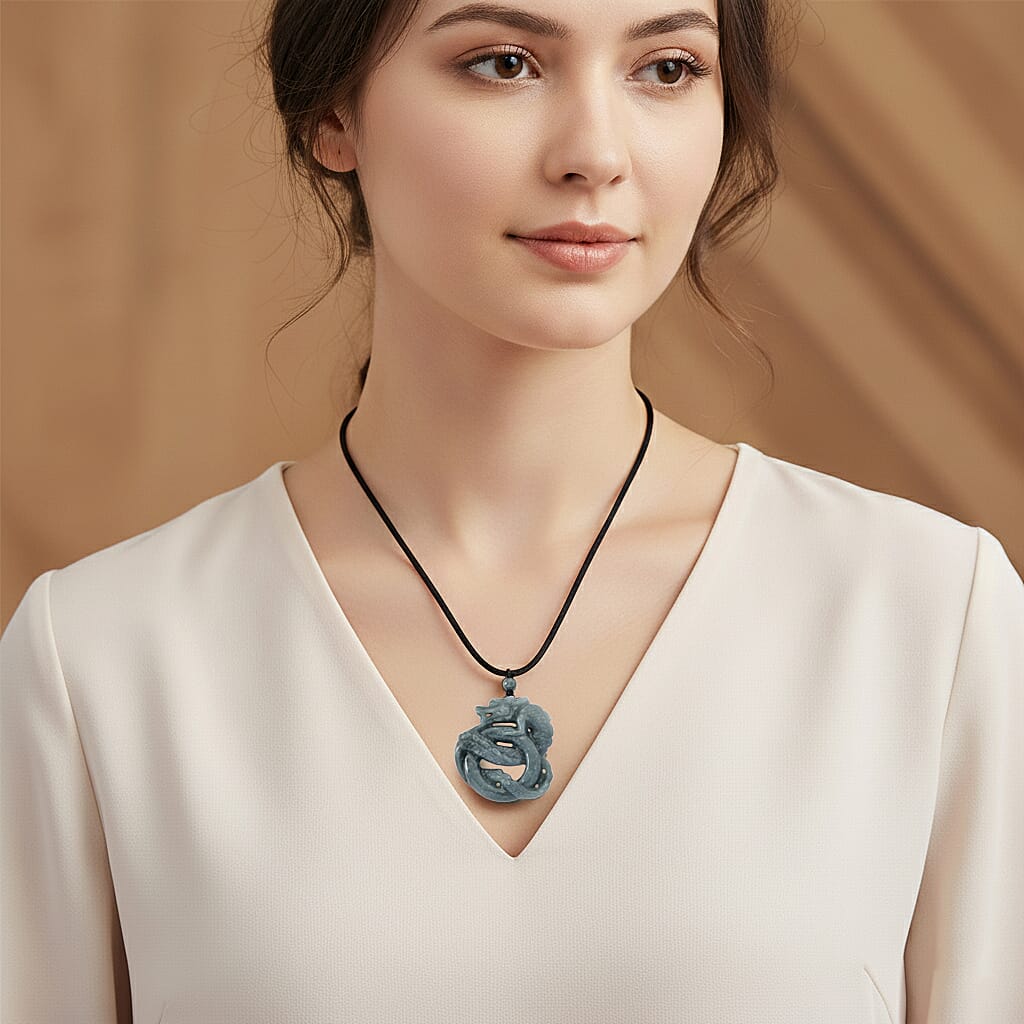Natural Type A Jadeite Dragon Necklace with Black Cord (Size 28) 175.00 Ct.