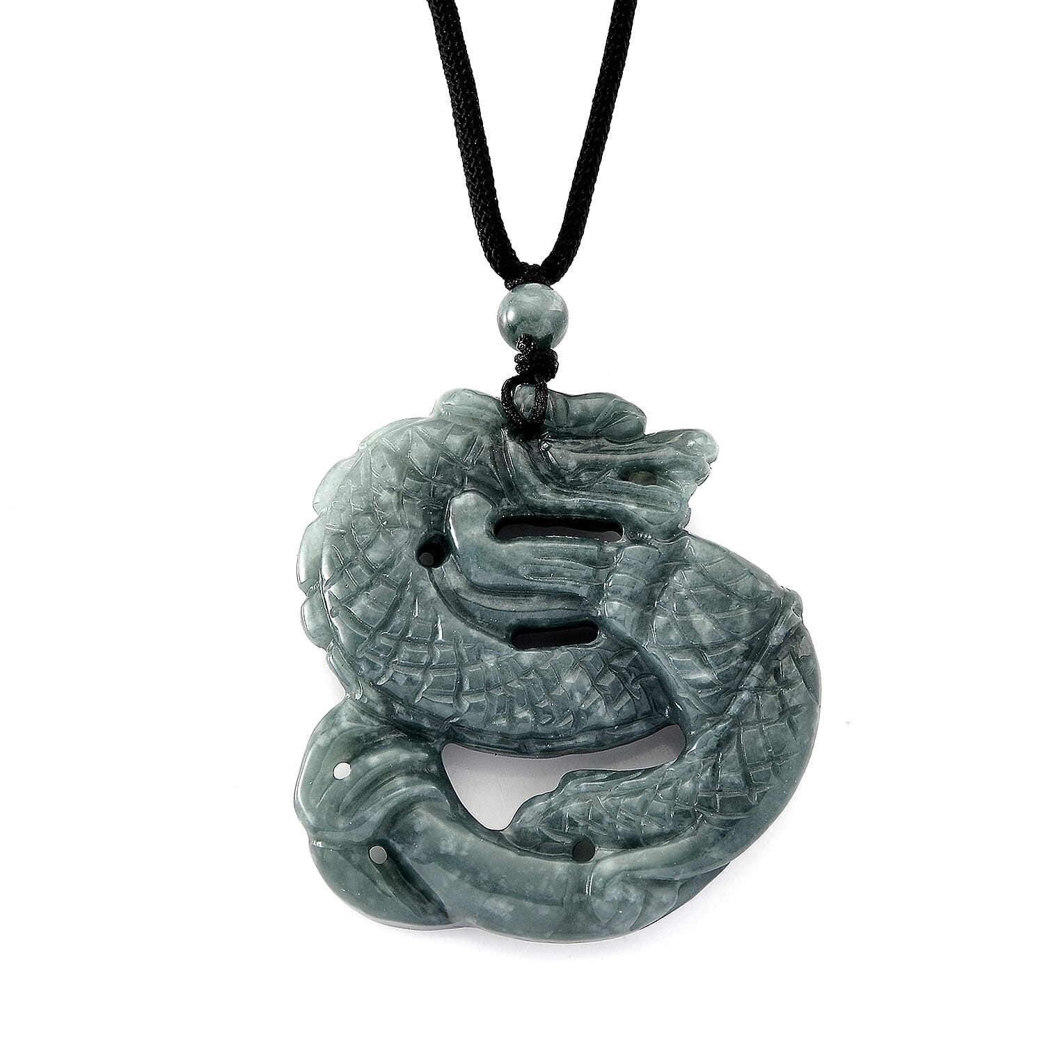 Natural Type A Jadeite Dragon Necklace with Black Cord (Size 28) 175.00 Ct.