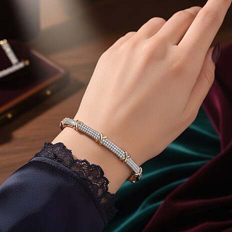 White Cubic Zirconia X Design Bangle (Size 7.5) in Two Tone Plated