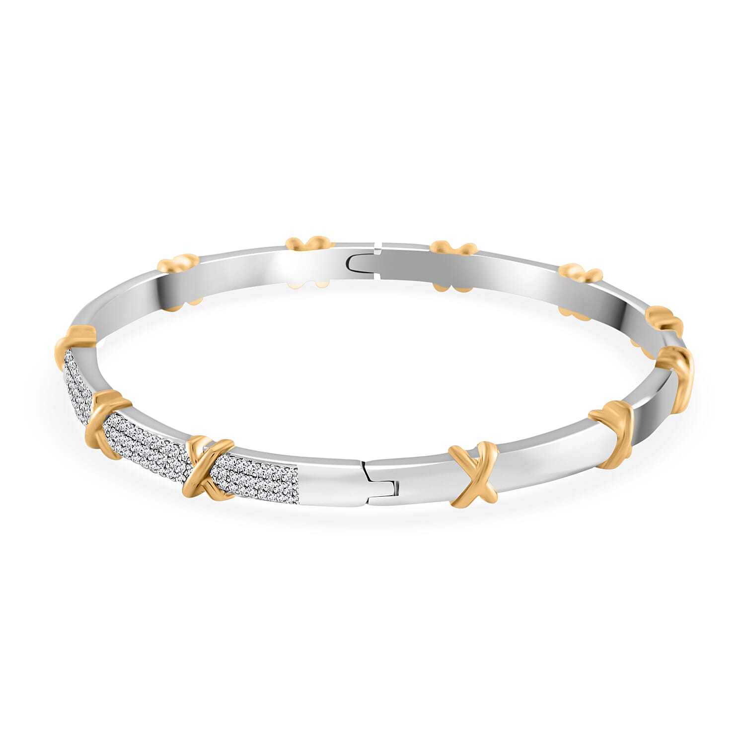 White Cubic Zirconia X Design Bangle (Size 7.5) in Two Tone Plated