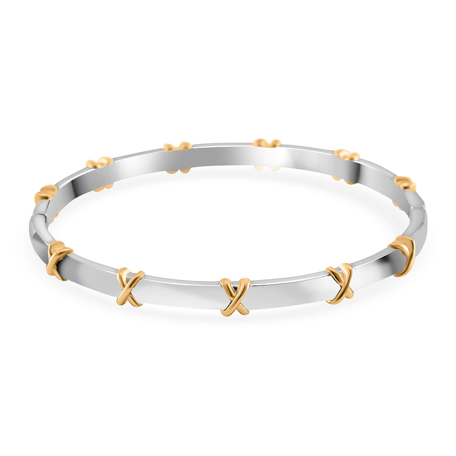 White Cubic Zirconia X Design Bangle (Size 7.5) in Two Tone Plated
