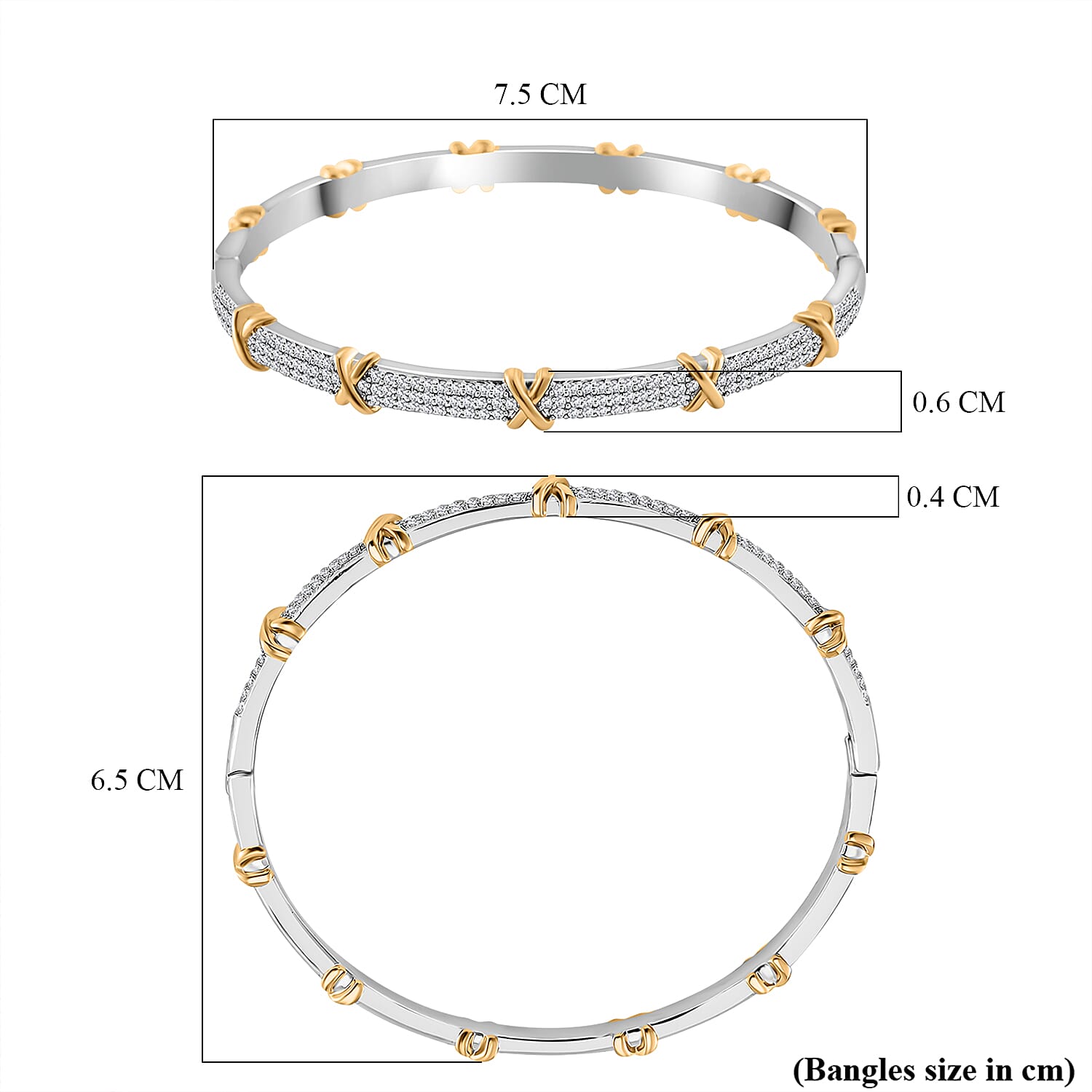 White Cubic Zirconia X Design Bangle (Size 7.5) in Two Tone Plated
