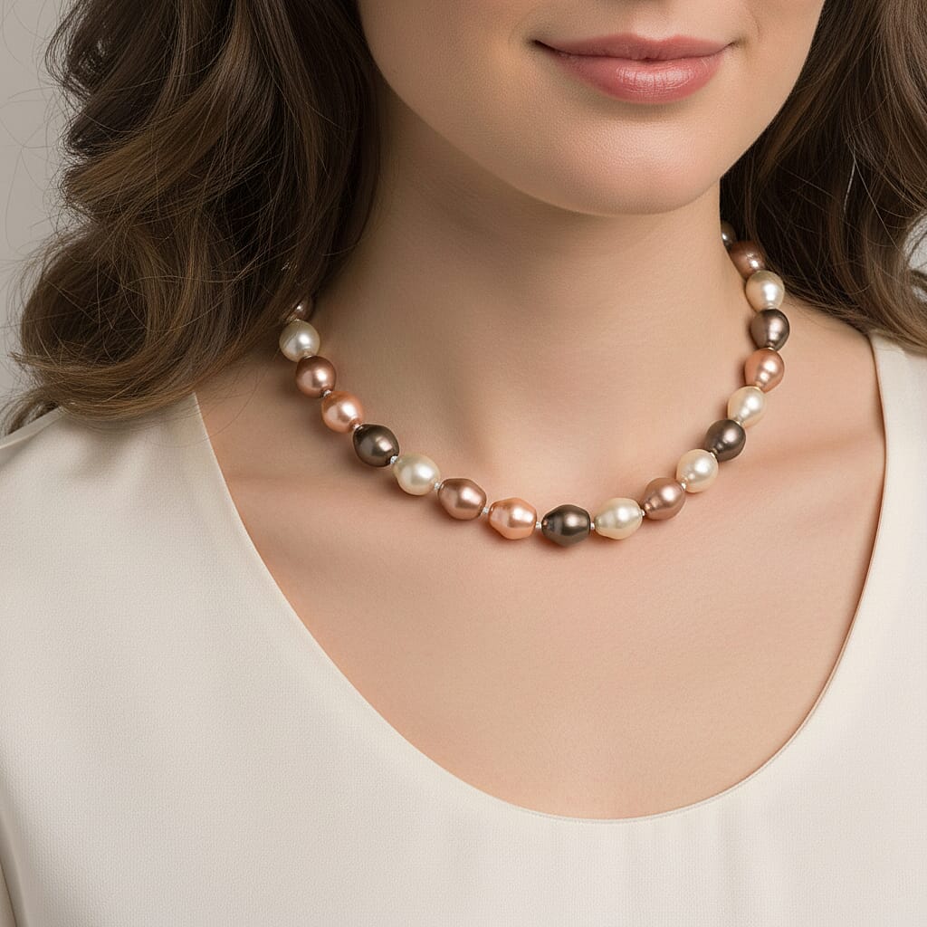 Multi Colour Baroque Shell Pearl Necklace (Size - 20) With Magnetic Clasp