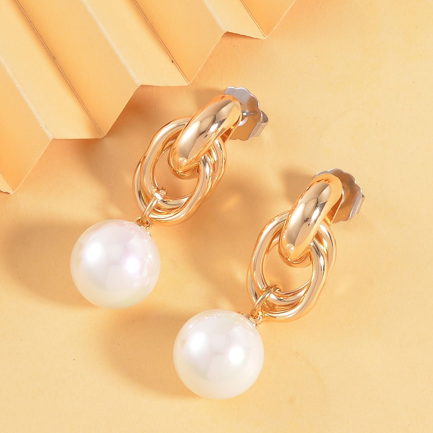 White Shell Pearl Drop Earring with Push Back in Yellow Gold Plated