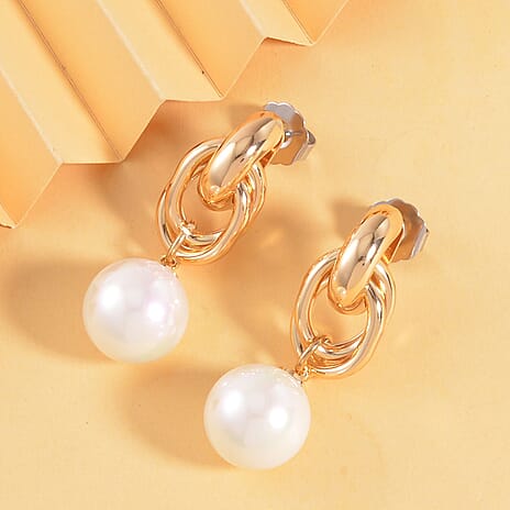 White Shell Pearl Drop Earring with Push Back in Yellow Gold Plated