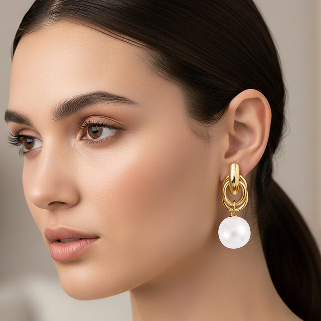 White Shell Pearl Drop Earring with Push Back in Yellow Gold Plated