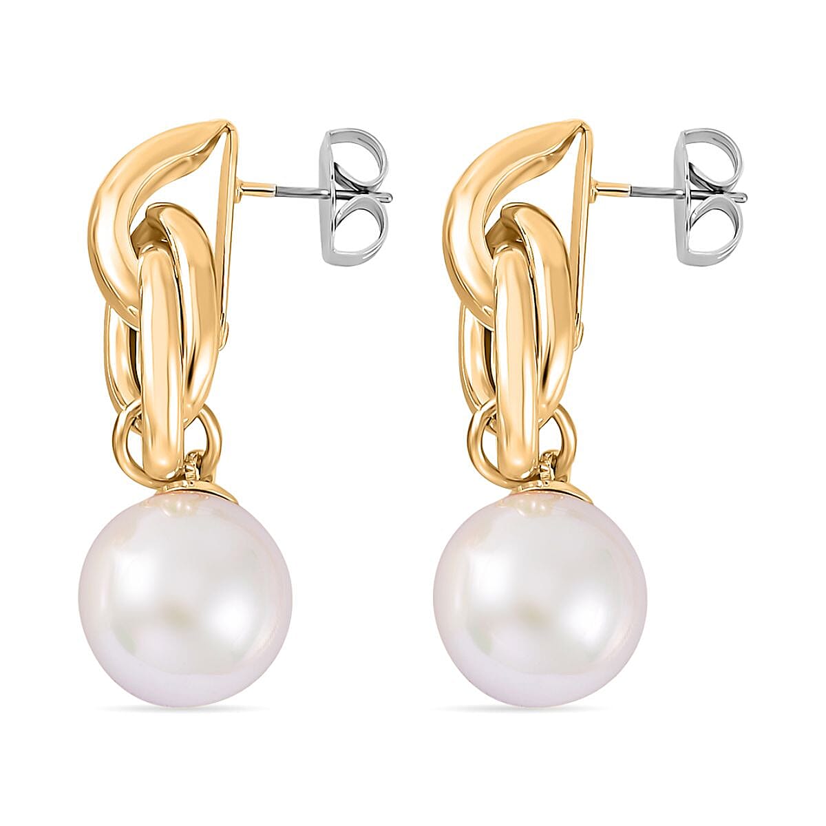 White Shell Pearl Drop Earring with Push Back in Yellow Gold Plated