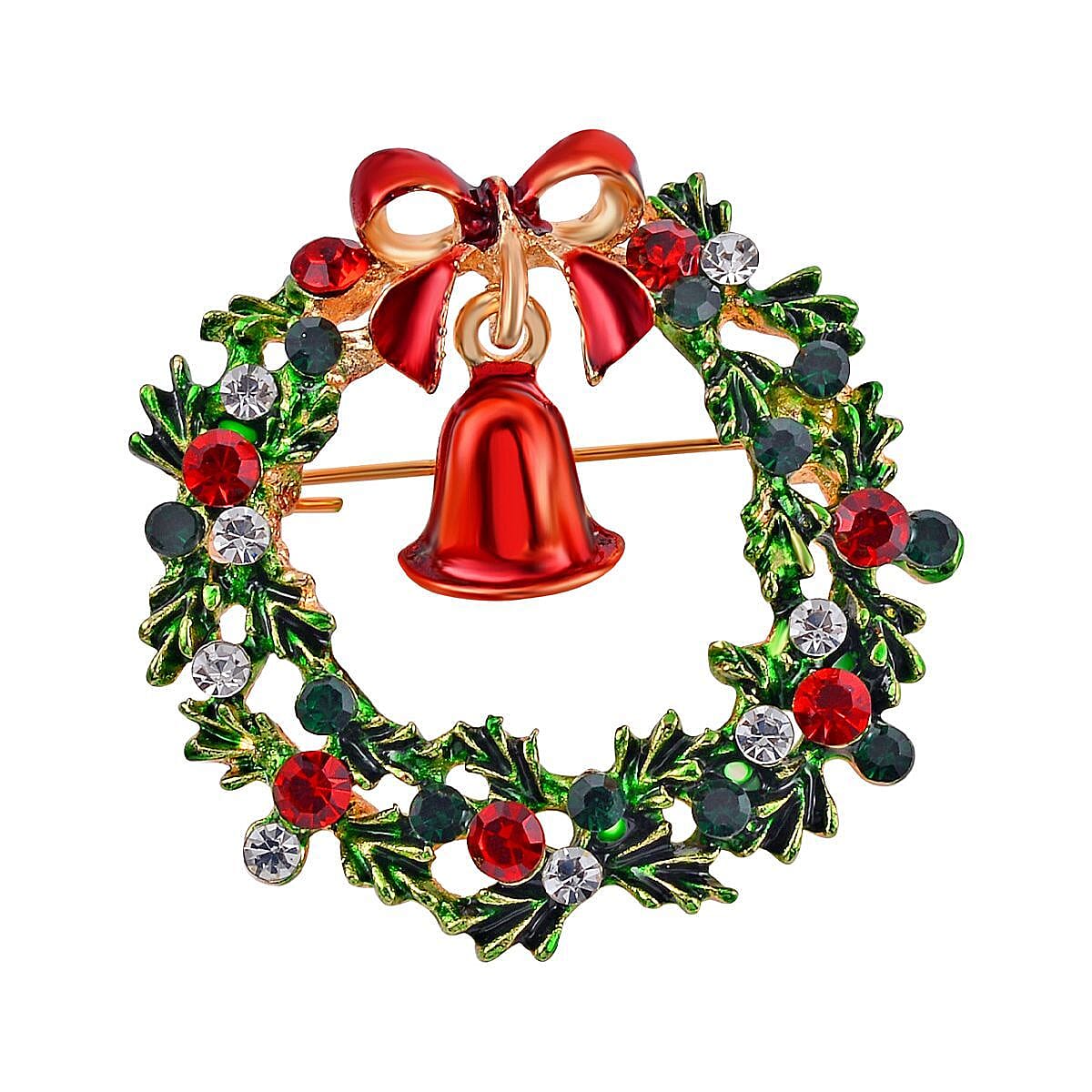 Multi Colour Crystal Christmas Wreath with Bell Brooch in Yellow Gold Plated