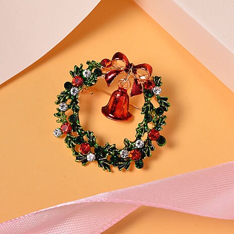 Multi Colour Crystal Christmas Wreath with Bell Brooch in Yellow Gold Plated