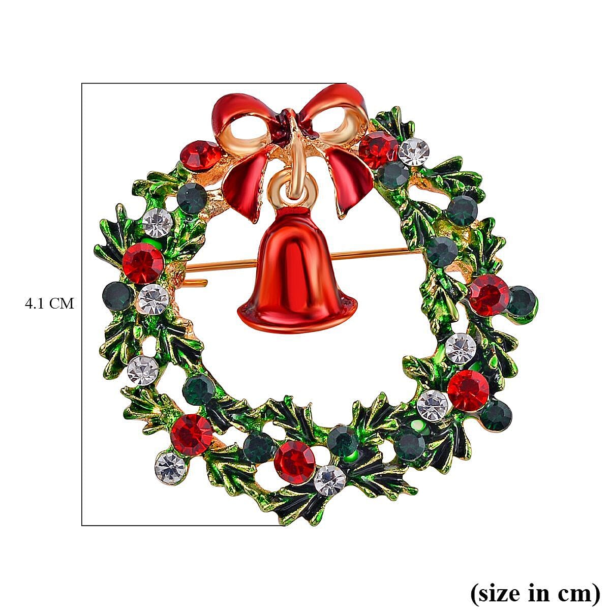 Multi Colour Crystal Christmas Wreath with Bell Brooch in Yellow Gold Plated