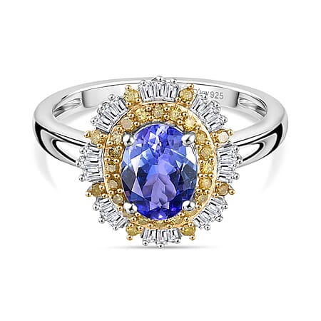 D'Joy Tanzanite, White Diamond & Yellow Diamond Double Halo Ring in Rhodium Overlay Sterling Silver 1.75 Ct.