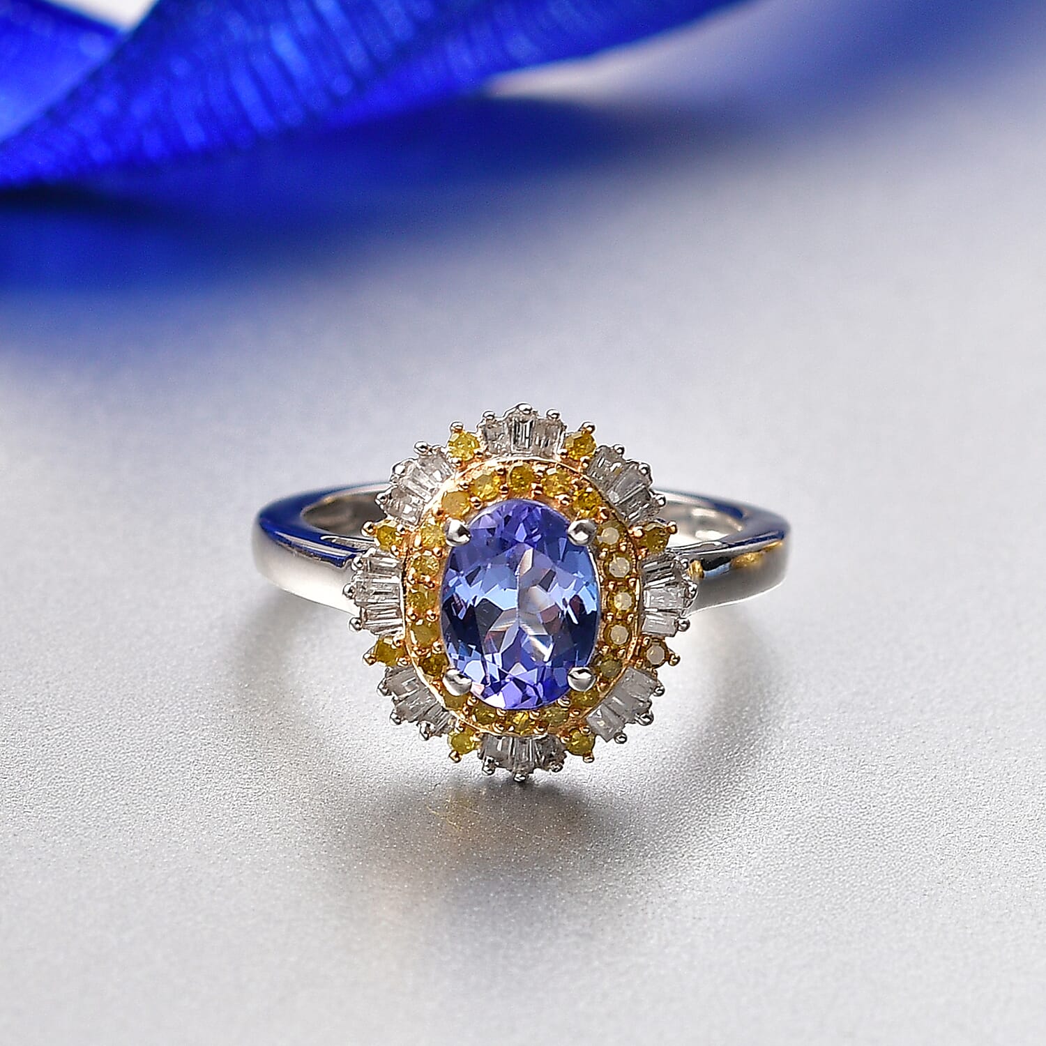 D'Joy Tanzanite, White Diamond & Yellow Diamond Ring in Rhodium Overlay Sterling Silver 1.75 Ct.