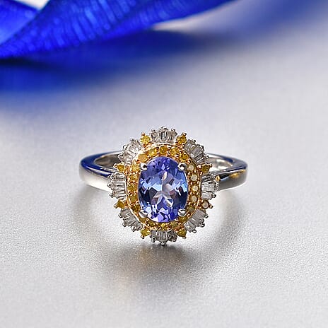 D'Joy Tanzanite, White Diamond & Yellow Diamond Ring in Rhodium Overlay Sterling Silver 1.75 Ct.