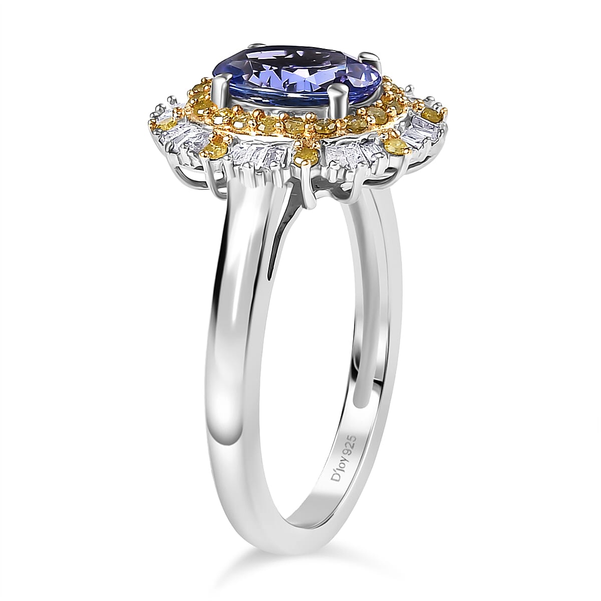 D'Joy Tanzanite, White Diamond & Yellow Diamond Ring in Rhodium Overlay Sterling Silver 1.75 Ct.