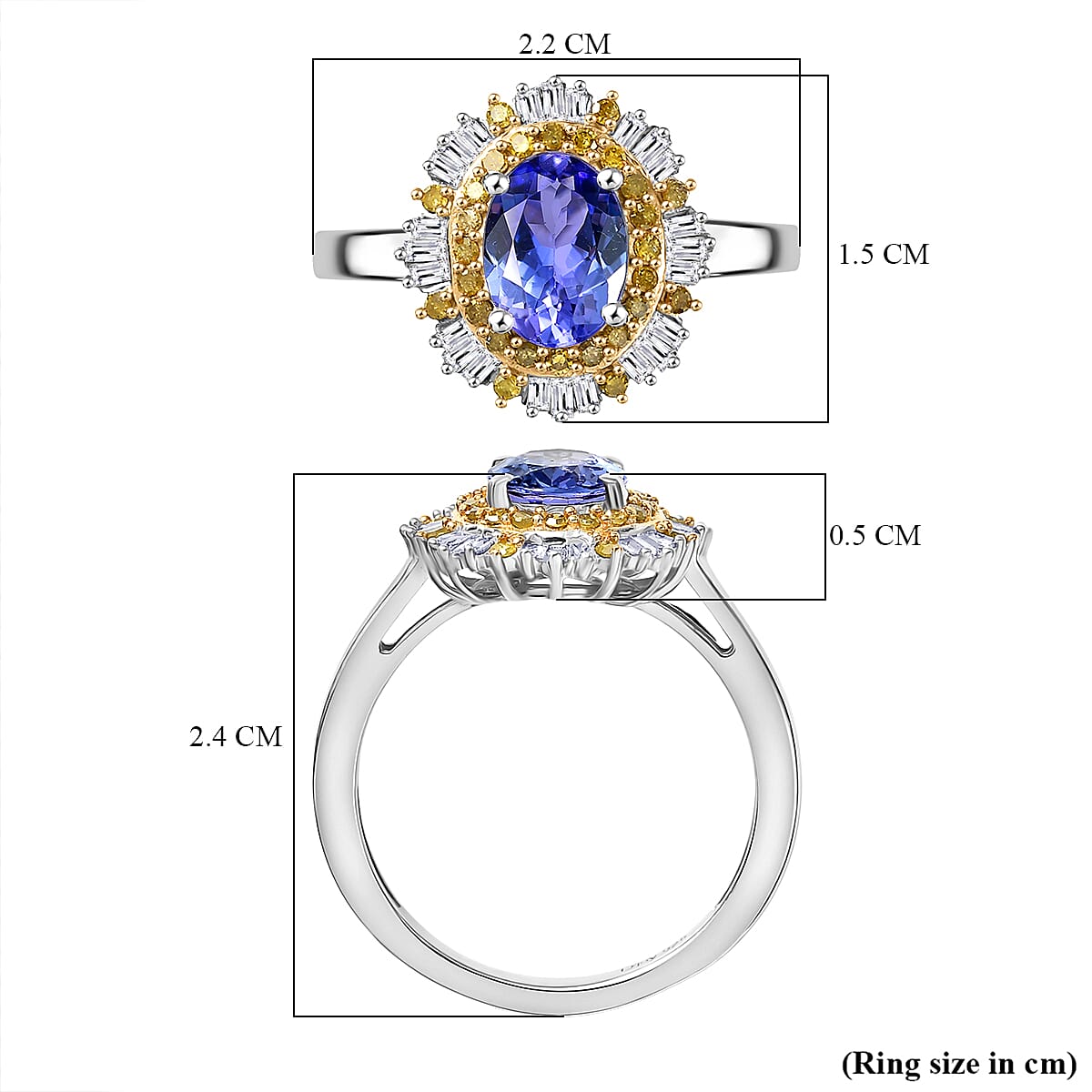 D'Joy Tanzanite, White Diamond & Yellow Diamond Ring in Rhodium Overlay Sterling Silver 1.75 Ct.