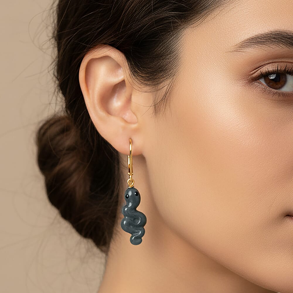 Natural Type A Jadeite & Black Spinel  Earring in Yellow Gold Plated Sterling Silver 14.50 Ct.