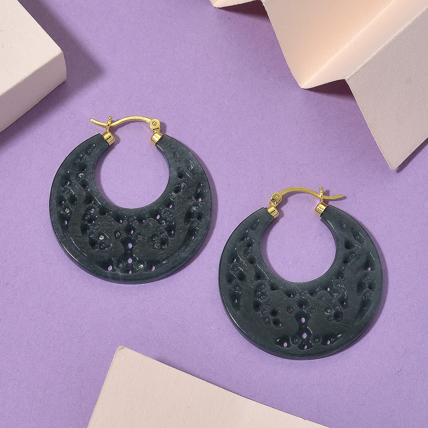 D'Joy Natural Type A Jadeite Beads Earring in Yellow Gold Plated Sterling Silver 50.00 Ct.