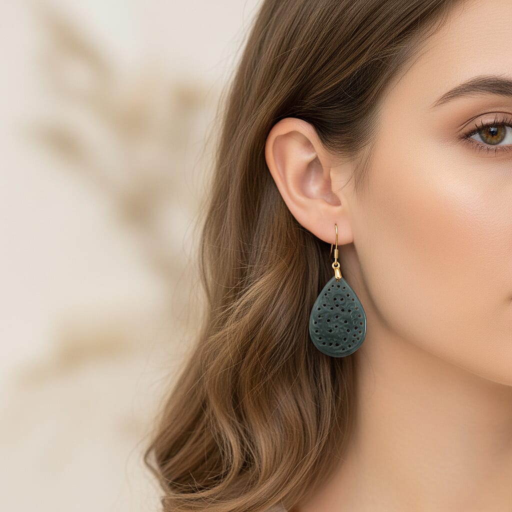 D'Joy Natural Type A Jadeite Beads Teardrop Earring in Yellow Gold Plated Sterling Silver 15.00 Ct.