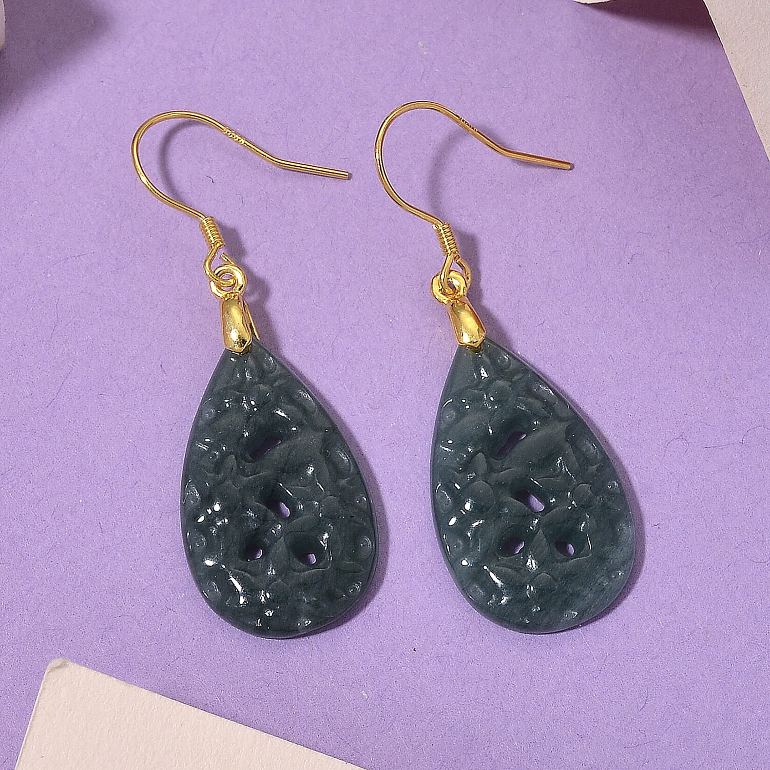 D'Joy Natural Jade Beads Teardrops Earring in Yellow Gold Plated Sterling Silver 20.00 Ct.