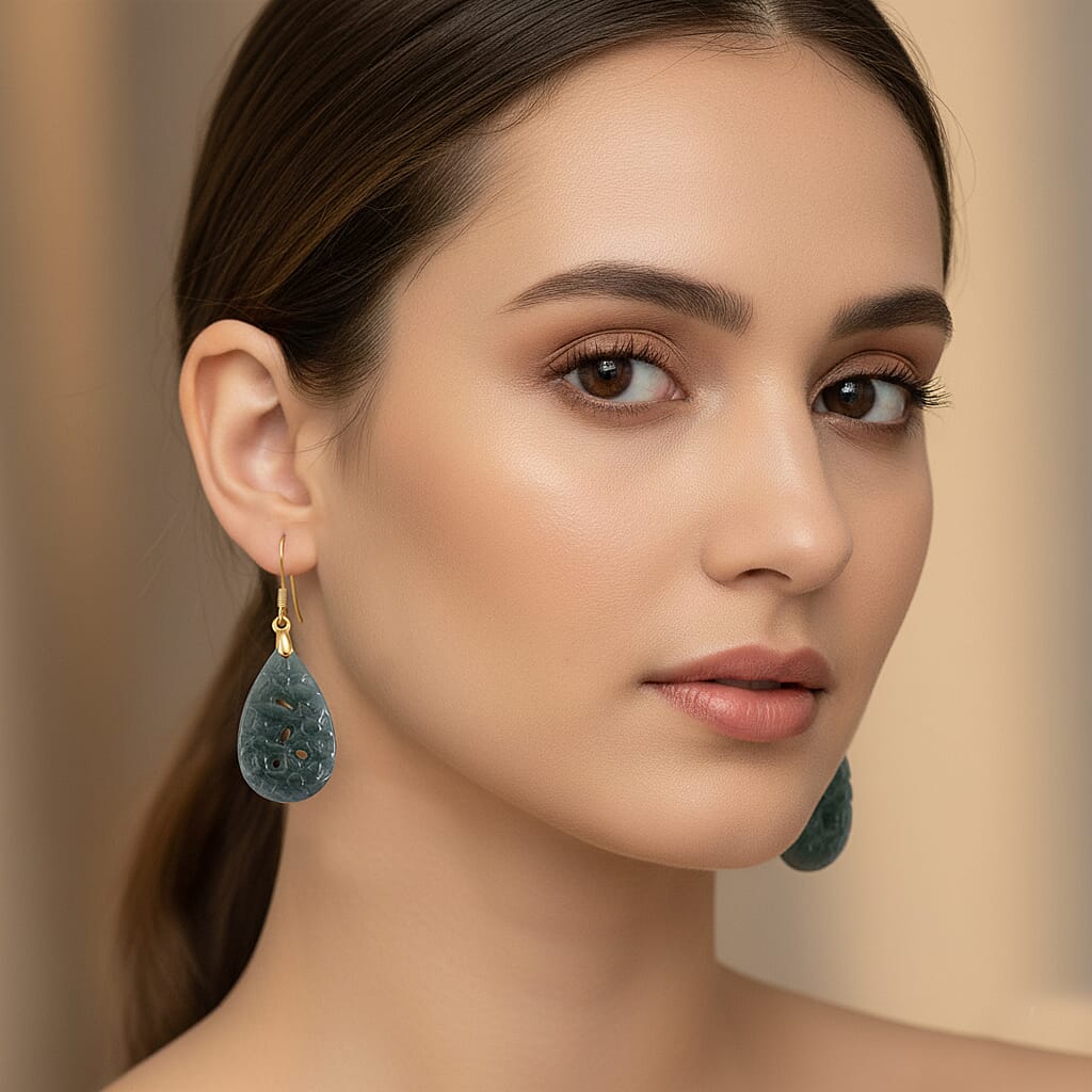 D'Joy Natural Jade Beads Teardrops Earring in Yellow Gold Plated Sterling Silver 20.00 Ct.