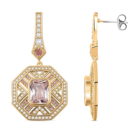 White Cubic Zirconia & Pink Cubic Zirconia Art Deco Geometric Halo Drop Earring with Push Back in Yellow Gold Tone 2.40 Ct.