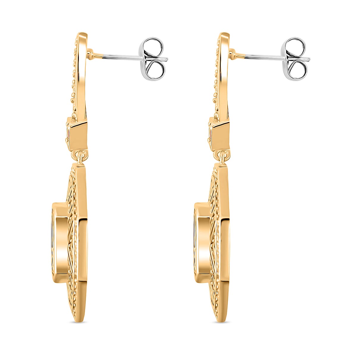 White Cubic Zirconia & Pink Cubic Zirconia Art Deco Geometric Halo Drop Earring with Push Back in Yellow Gold Tone 2.40 Ct.