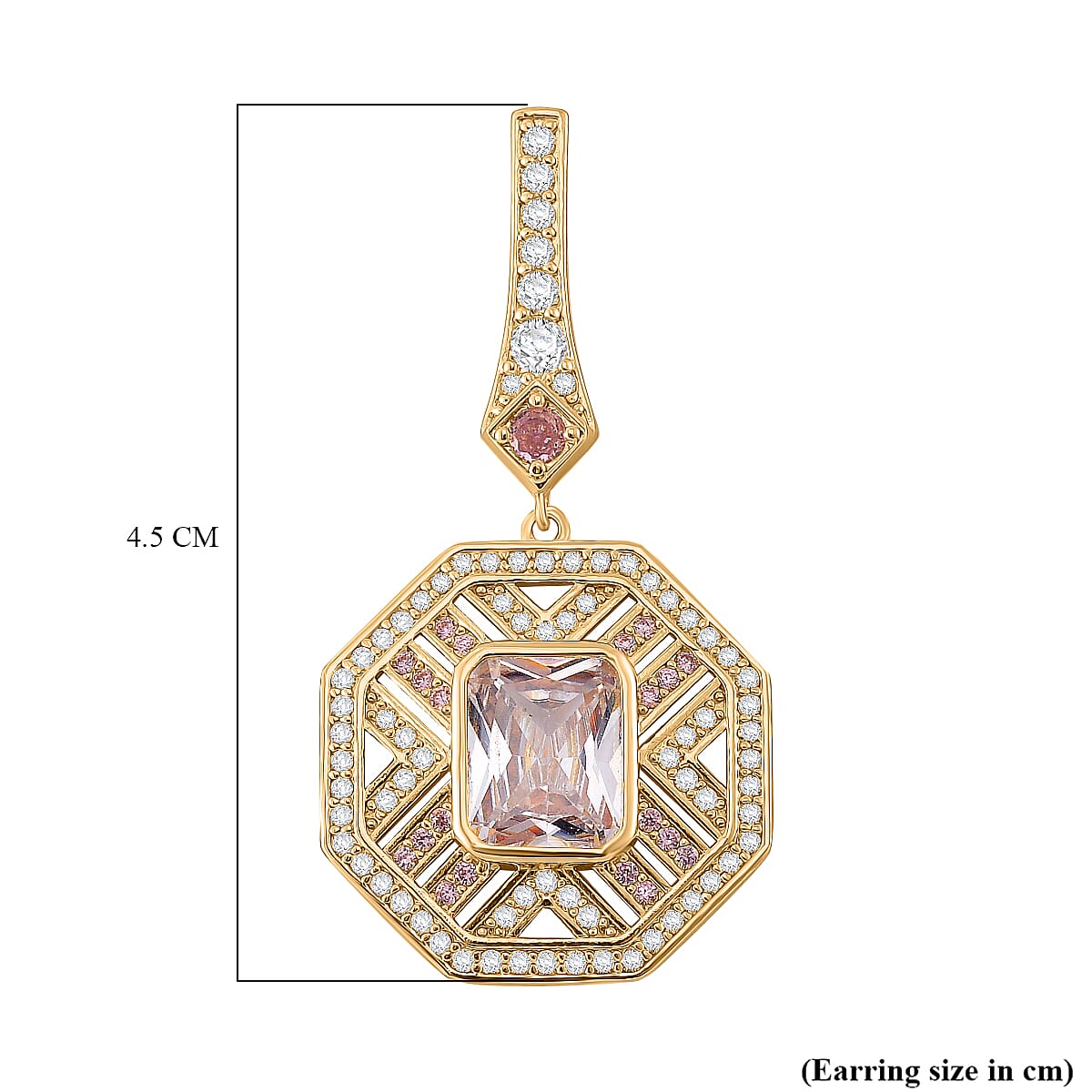 White Cubic Zirconia & Pink Cubic Zirconia Art Deco Geometric Halo Drop Earring with Push Back in Yellow Gold Tone 2.40 Ct.