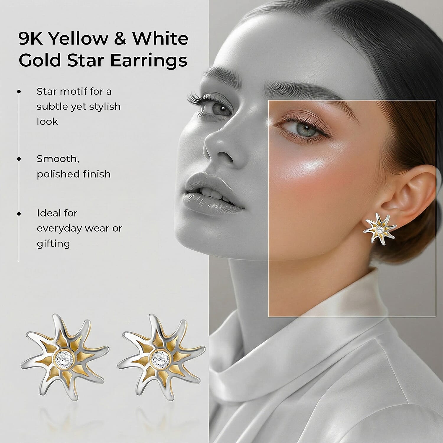 9K Yellow & White Gold Star Earring with Push Back