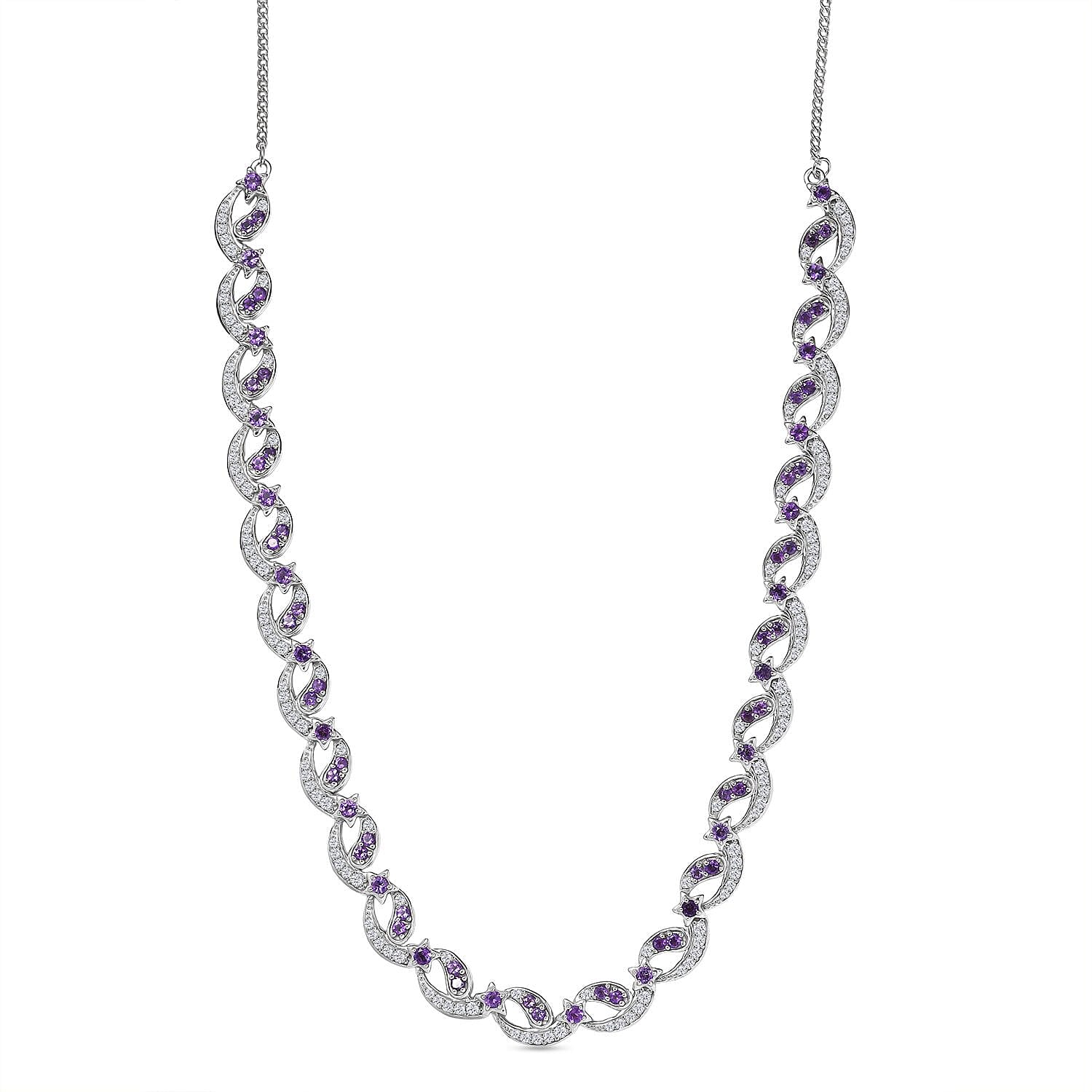 GP - Celestial Dream Collection African Amethyst, Blue Sapphire & White Zircon Multi Row Necklace (Size 20) in Rhodium Overlay Sterling Silver 6.39 Ct, Silver Wt. 27.44 Gms.
