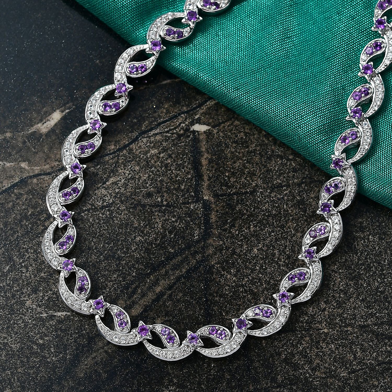 GP - Celestial Dream Collection African Amethyst, Blue Sapphire & White Zircon Multi Row Necklace (Size 20) in Rhodium Overlay Sterling Silver 6.39 Ct, Silver Wt. 27.44 Gms.