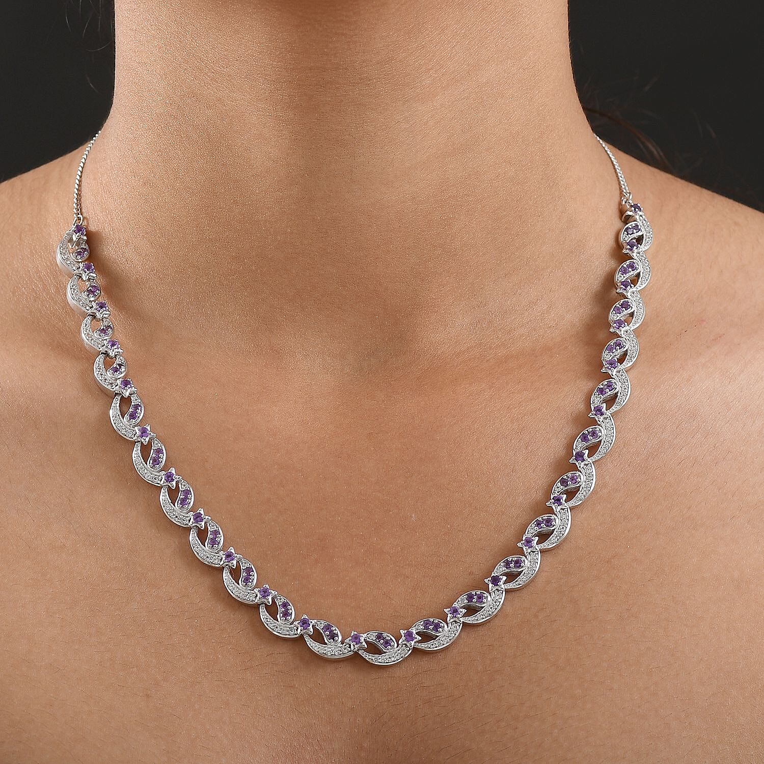 GP - Celestial Dream Collection African Amethyst, Blue Sapphire & White Zircon Multi Row Necklace (Size 20) in Rhodium Overlay Sterling Silver 6.39 Ct, Silver Wt. 27.44 Gms.