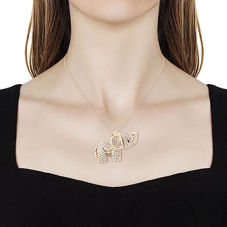 White & Black Crystal Elephant Necklace (Size 24 - 2 Ext) in Yellow Gold Plating