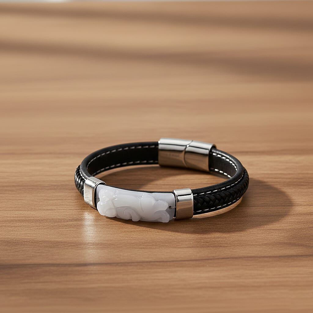 White Jade Beads Bracelet (Size 7.5) in Rhodium Plated 90.00 Ct.