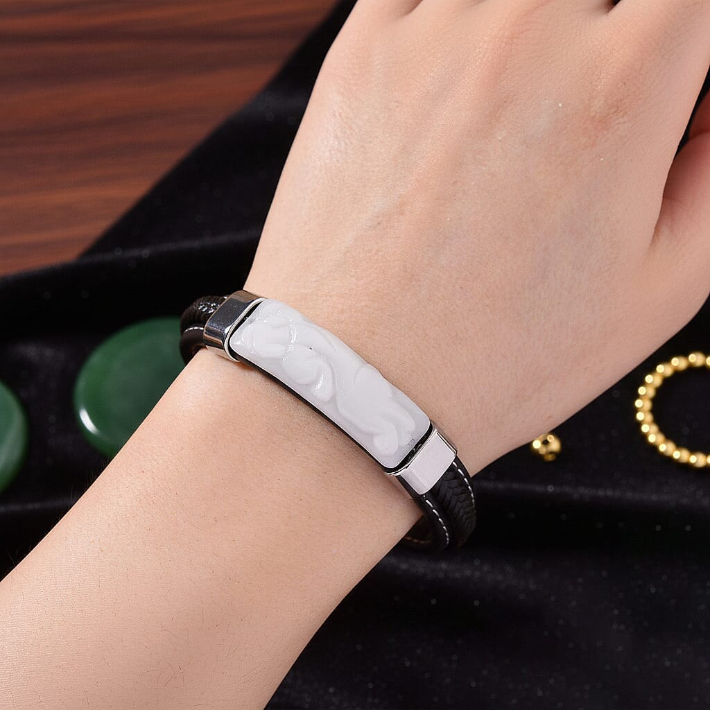 White Jade Beads Bracelet (Size 7.5) in Rhodium Plated 90.00 Ct.