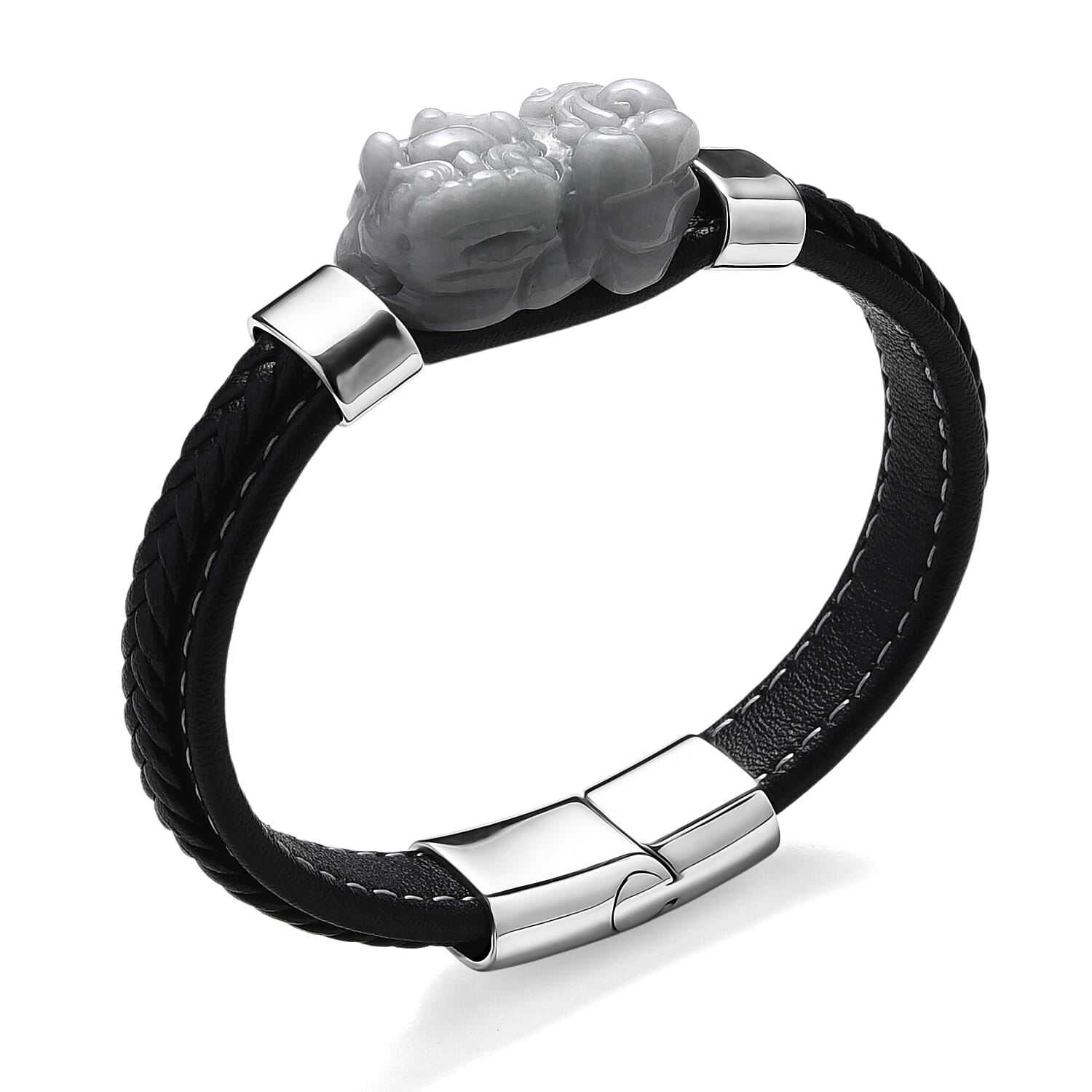 Natural Type A White Jadeite with Pixiu Carving Leather Bracelet (Size 8) in Rhodium Plated 125.00 Ct.