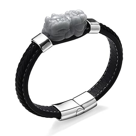 Natural Type A White Jadeite with Pixiu Carving Leather Bracelet (Size 8) in Rhodium Plated 125.00 Ct.