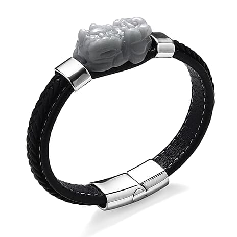 Natural Type A White Jadeite with Pixiu Carving Leather Bracelet (Size 7.5) 125.00 Ct.