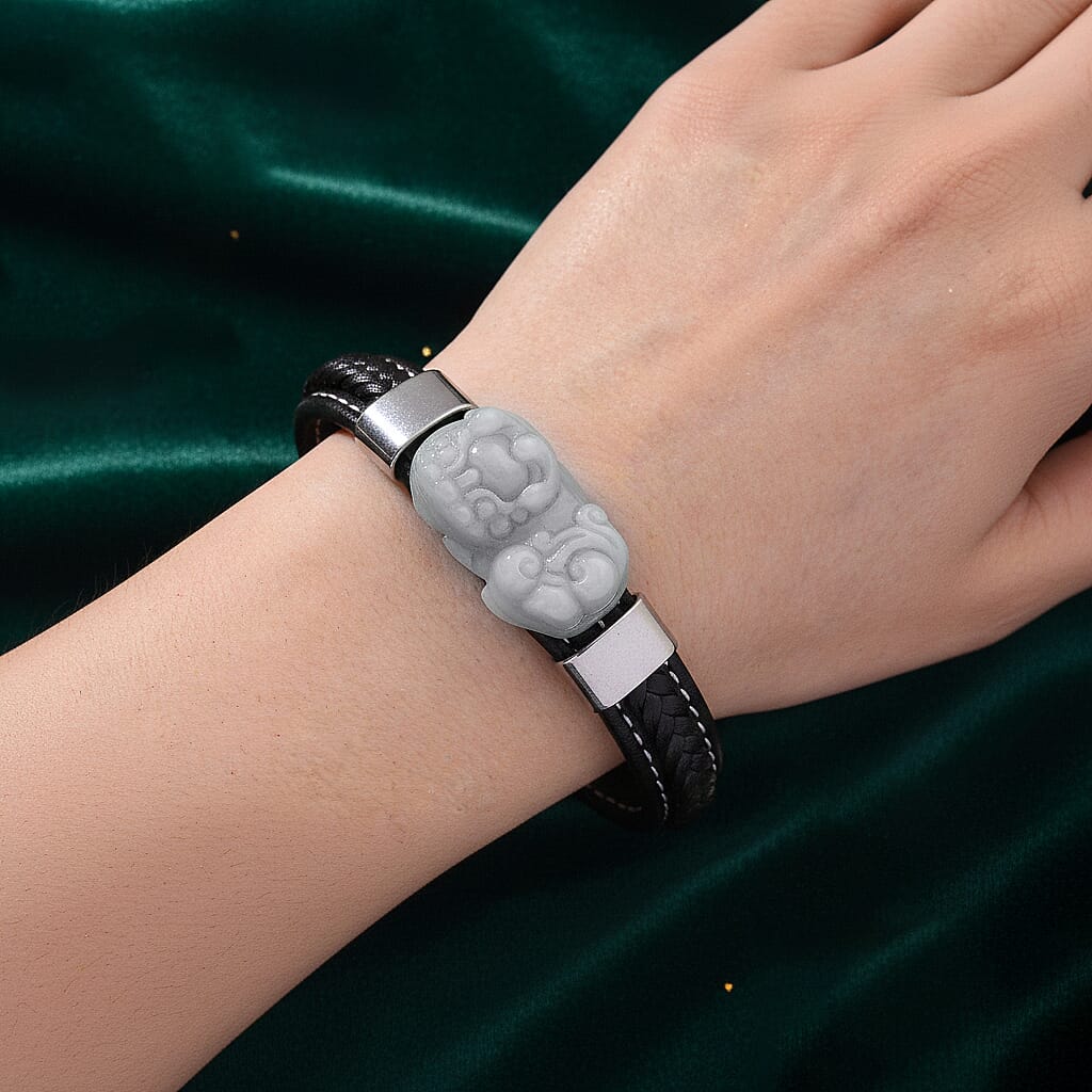 Natural Type A White Jadeite with Pixiu Carving Leather Bracelet (Size 8) in Rhodium Plated 125.00 Ct.