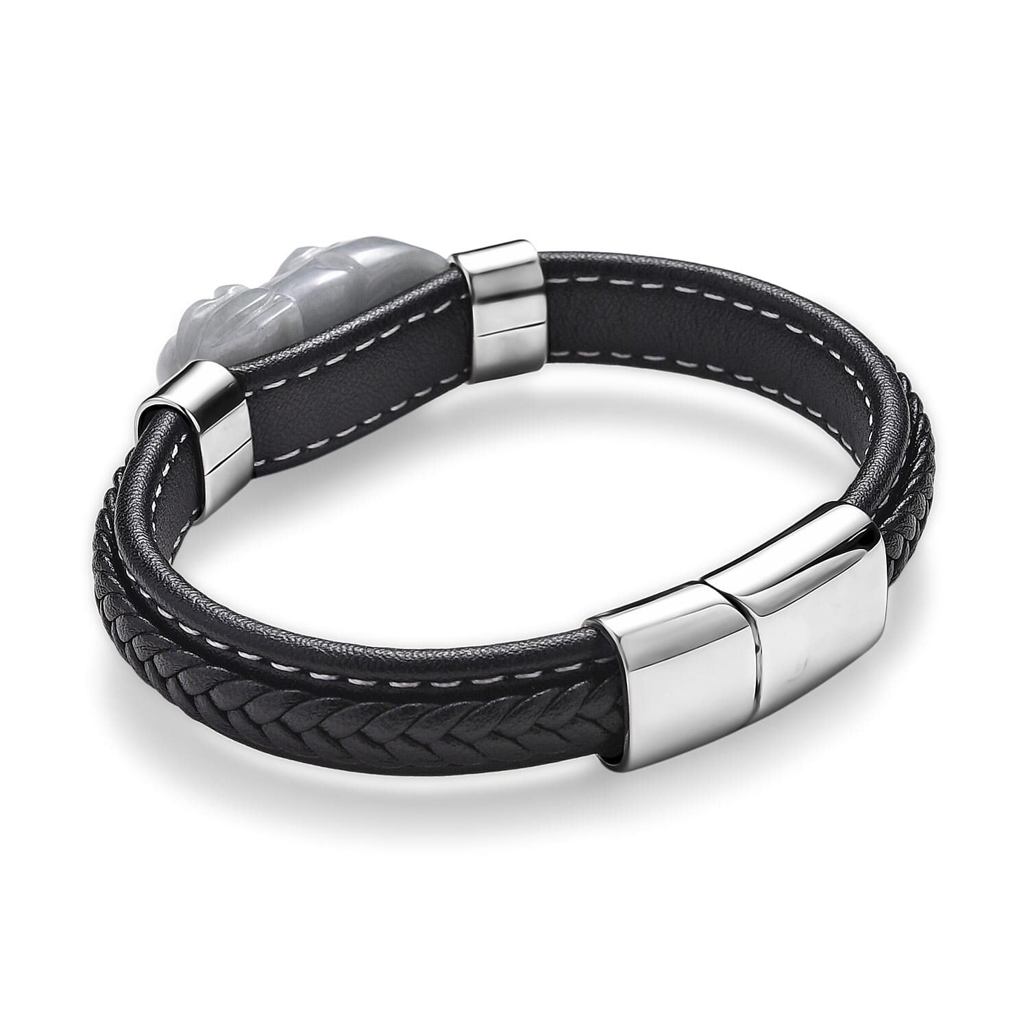 Natural Type A White Jadeite with Pixiu Carving Leather Bracelet (Size 8) in Rhodium Plated 125.00 Ct.
