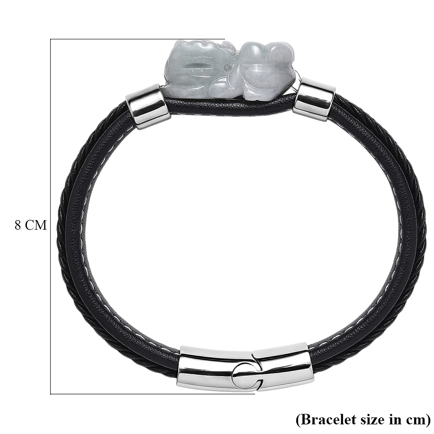 Natural Type A White Jadeite with Pixiu Carving Leather Bracelet (Size 8) in Rhodium Plated 125.00 Ct.