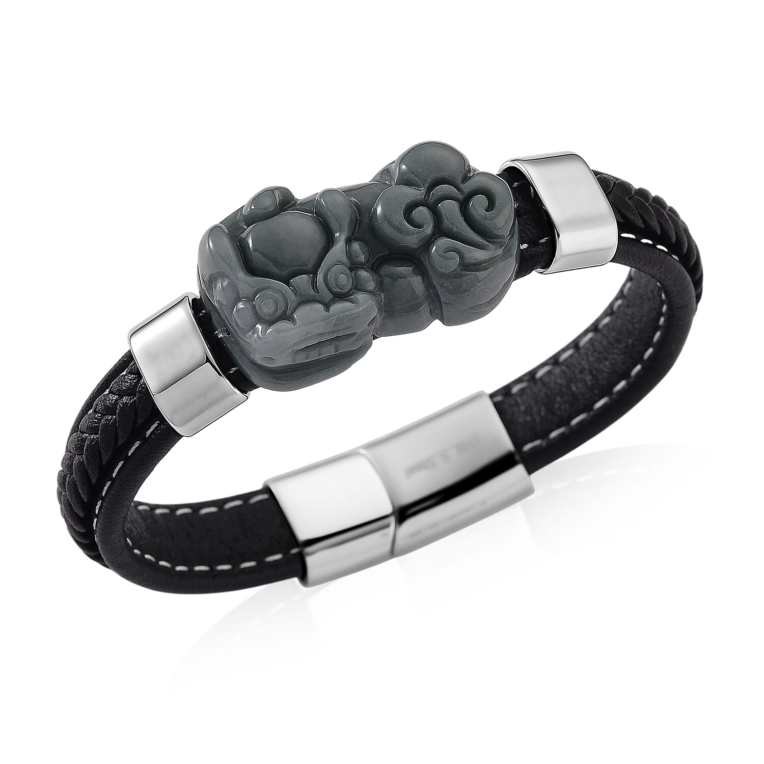 Natural Type A  Jadeite with Pixiu Carving Leather Bracelet(Size 7.5) 125.00 Ct.