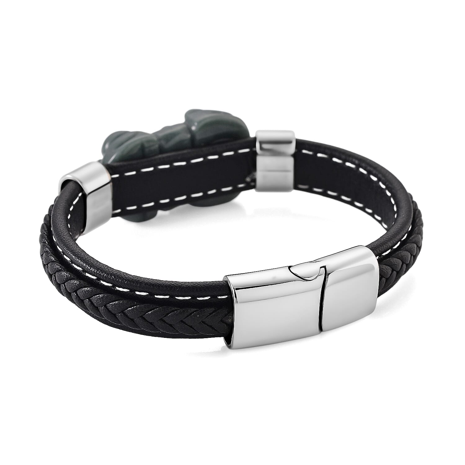 Natural Type A  Jadeite with Pixiu Carving Leather Bracelet(Size 7.5) 125.00 Ct.