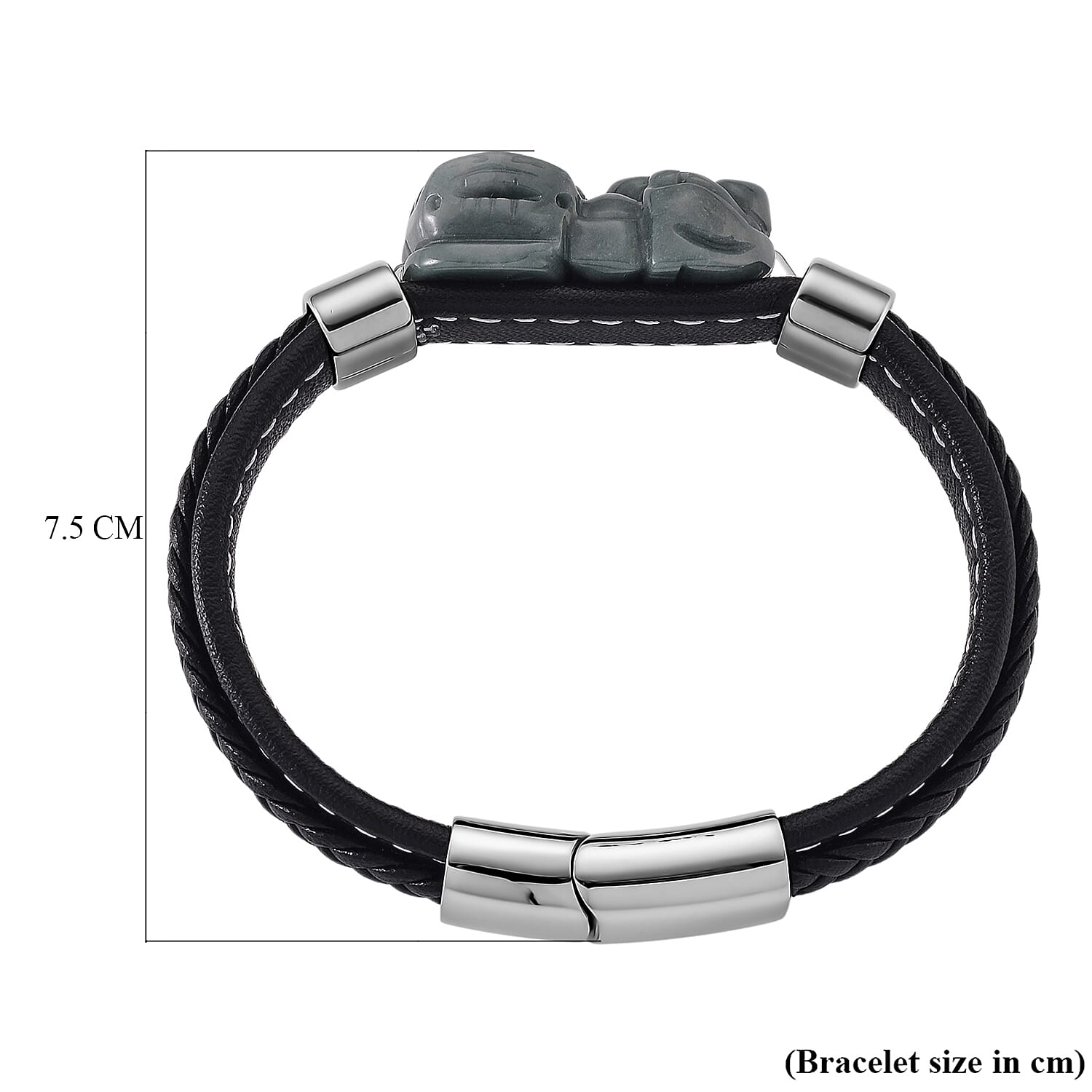 Natural Type A  Jadeite with Pixiu Carving Leather Bracelet(Size 7.5) 125.00 Ct.