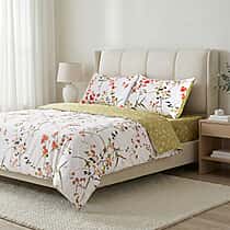 LIVMORE Set of 4 Floral Print Reversible Duvet Cover Set (Double) - White